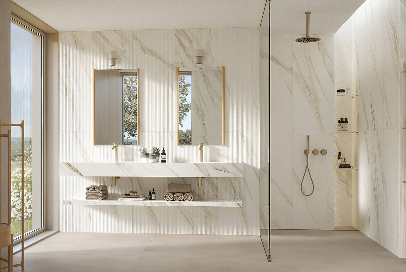WALL: MARVEL 3D CREASE CALACATTA BERNINI , CALACATTA BERNINI , BOOST BALANCE ASH / FLOOR: BOOST BALANCE ASH