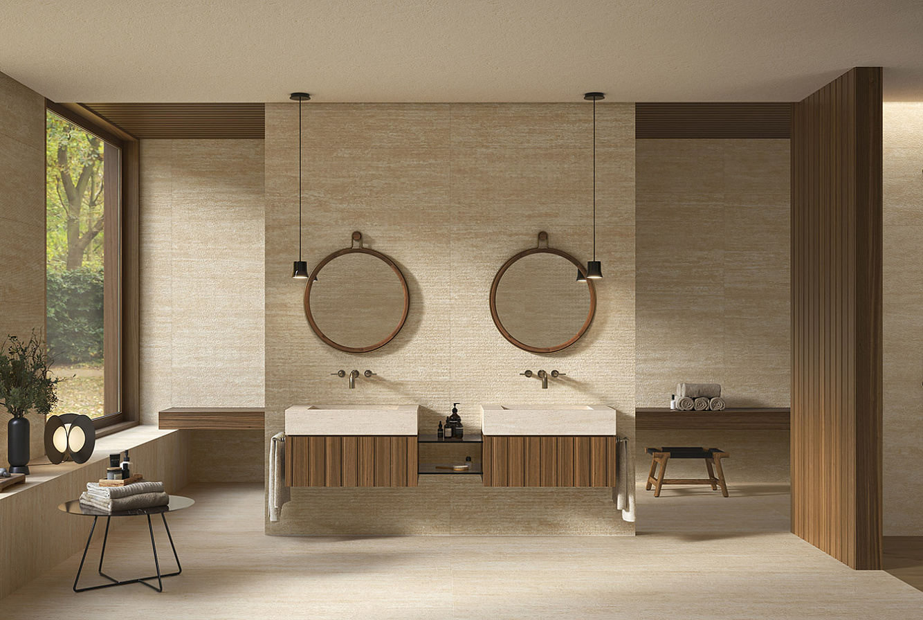 WALL: MARVEL 3D REED TRAVERTINE SAND, FIELD TRAVERTINE SAND / FLOOR: MARVEL TRAVERTINE SAND VEIN CUT